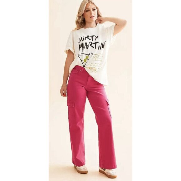 Risen Los Angeles High Rise Wide Leg Cargo Jeans Size 11/30 Fuchsia‎ Pink NWT - Picture 1 of 16